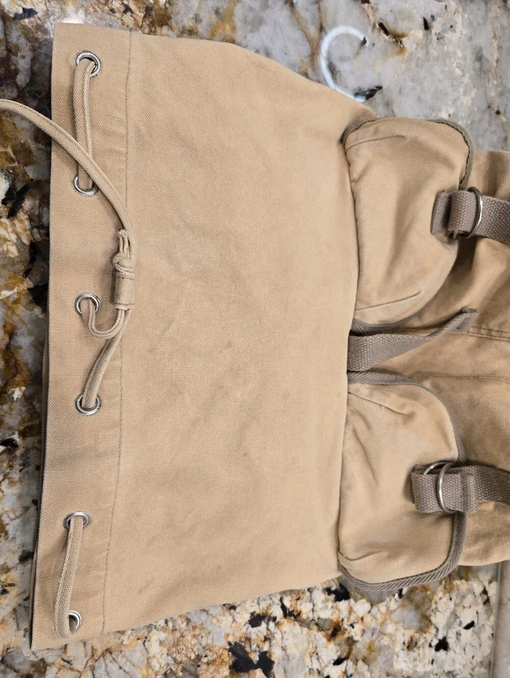 Rare vintage Abercrombie & Fitch canvas rucksack tan beige front cargo pockets